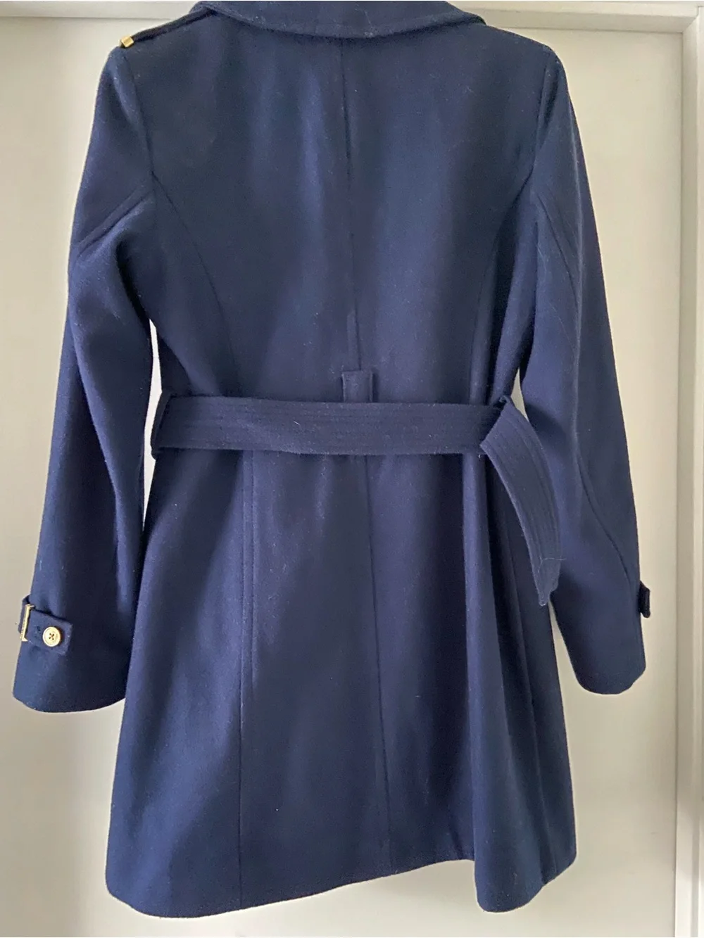 Michael Kors Navy Asymmetrical Zip Trench Coat with Gold Hardware